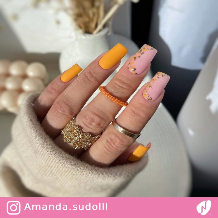 Pink and Orange Nails with Foil Design